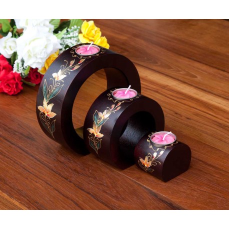 Full Moon Flang Flower Mango Wood Nesting Candle Holder