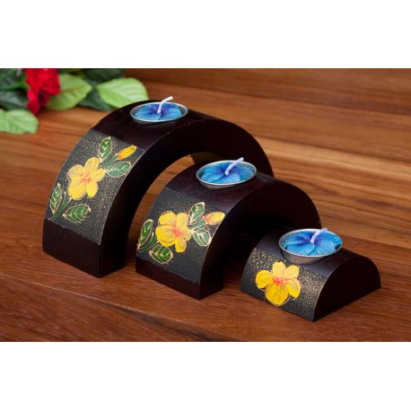 Half Moon Yellow Blossom Leaf Mango Wood Nesting Candle Holder