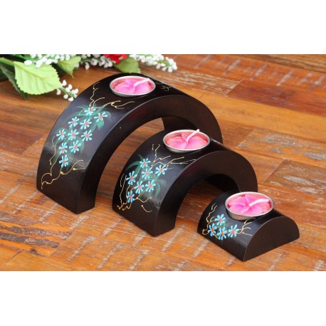 Half Moon Blue Jungle Flower Mango Wood Nesting Candle Holder