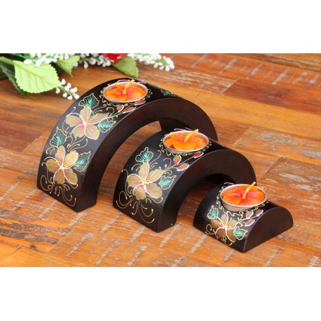 Half Moon Petaled Golden Way Mango Wood Nesting  Candle Holder