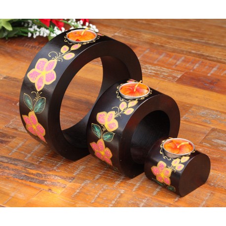 Full Moon Pink Petaled Flower Mango Wood Nesting Candle Holder