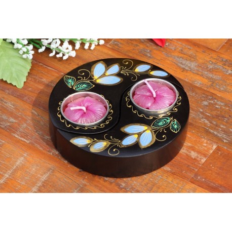 Yin & Yang Blue Water Lilly Mango Wood Candle Holder 