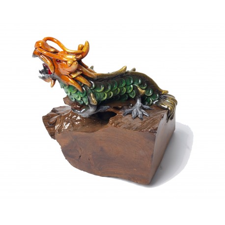 Guardian Orange Teak Wooden Dragon Statuette