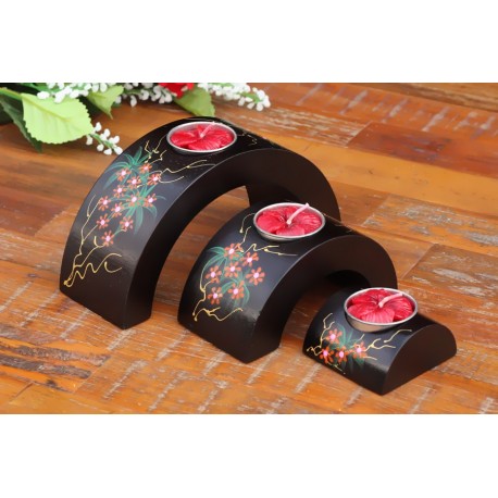 Half Moon Red Floating Vine Flower Mango Wood Nesting Candle Holder