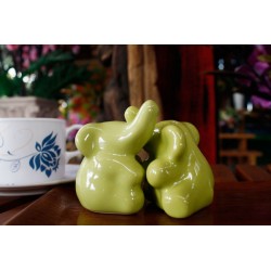Elephants Hugging Green Salt and Pepper Shakers