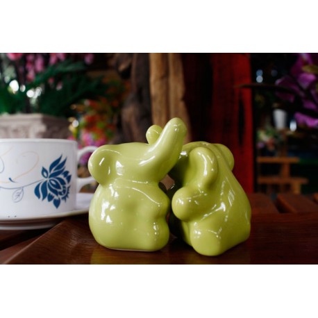 Elephants Hugging Green Salt and Pepper Shakers