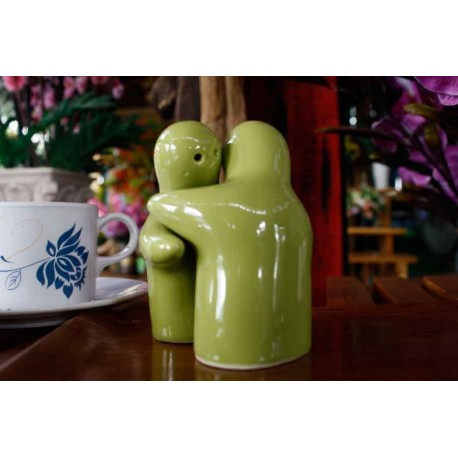 Hugging People Green Salt and Pepper Shakers